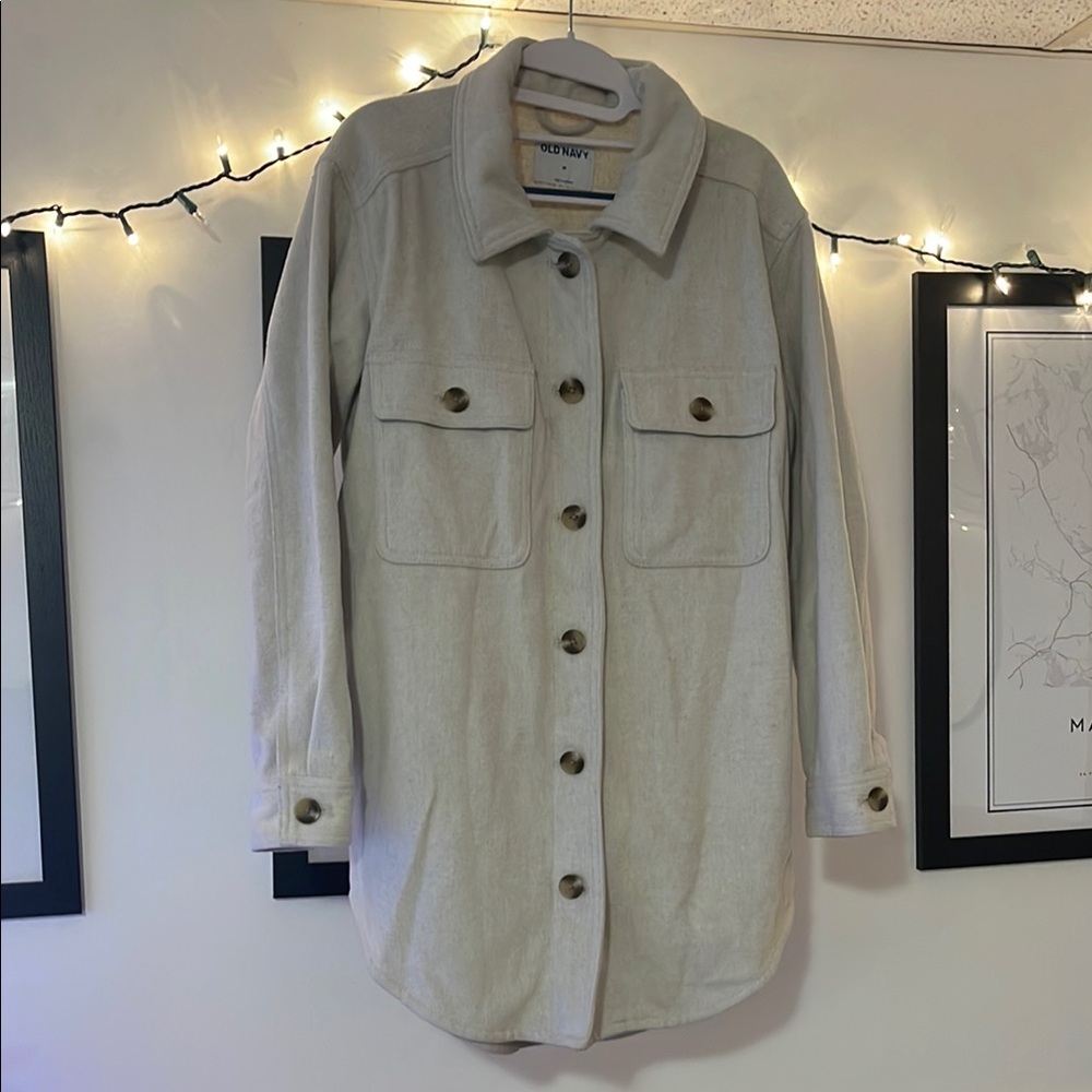 Cream Utility Jacket with Structured Fabric and Shirt Collar